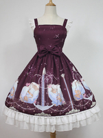 Glamourös Lolita Kleid Polyester mit viereckigem Ausschnitt und Rüschen im süßen und hübschen Style und Dunkelrot