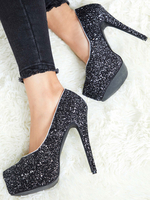 Glitter Pailletten High Heels Party Schuhe schwarz runde Kappe Abendschuhe