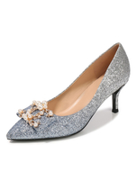 Glitter Prom Schuhe Silber Spitze Spitze Perlen Strass Slip On Party Schuhe Damen High Heels