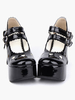 Glänzend Lolita Pony Heels-Schuh-Plattform-Schuh-Knöchel-Bügel-Schnallen-Bogen-Höhle-Herz in schwarze