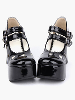 Glänzend Lolita Pony Heels-Schuh-Plattform-Schuh-Knöchel-Bügel-Schnallen-Bogen-Höhle-Herz in schwarze