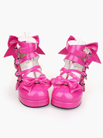Glossy Lolita Breiter Absatz-Schuh-Knöchel-Bügel-Herz-geformte Schnallen Bögen Dekor in Rose Rot