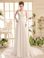 Günstiges Brautkleid aus Chiffon mit V-Ausschnitt und Schleppe