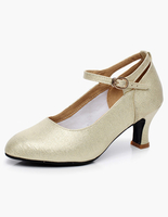 Gold Ballroom Schuhe 2021 Runde Kappe Schnalle Detail Glitter Latin Dance Schuhe Kätzchen Heel Pumps