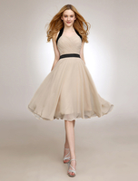 Gold Champagne a-line Flügel rückenfrei Chiffon Brautjungfer Kleid