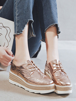 Gold Flatform Oxfords Damen Round Toe Leder Schnür Freizeitschuhe