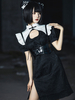 Gothic Chines Style OP Lolita Kleid Schwarz Kurzarm Rüschen Schwarz Zweifarbig Alltag Lässig Einteiliges Kleid