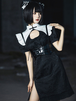 Gothic Chines Style OP Lolita Kleid Schwarz Kurzarm Rüschen Schwarz Zweifarbig Alltag Lässig Einteiliges Kleid