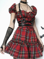 Gothic Kleid Burgund Lace Up Plissee Hip Hop Polyester Kariertes Muster Sommerkleid