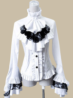 Gothic Lolita Bluse weiß Rüsche Stehkragen Lace Bell Langarm hohe niedrige Schnürschuh Baumwolle Lolita Bluse