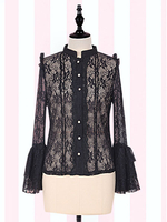 Gothic Lolita Blusen Spitze Langarm Stehkragen Plissee Schwarz Lolita Top