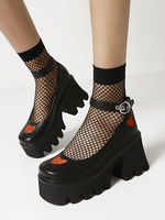 Gothic Lolita Footwear Black Heart Muster Runde TOE PU Leder Schnüre Lolita Pumps
