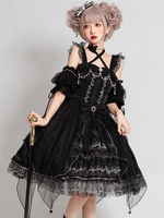 Gothic Lolita JSK Kleid 4-teiliges Set Schwarz Ärmellose Schnürketten Perlen Bögen Dark Lolita Outfit