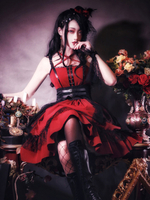 Gothic Lolita JSK Kleid Burgund Polyester ärmelloses Tüllen Lace Lace Up Criss-Cross Red Lolita Jumper Röcke