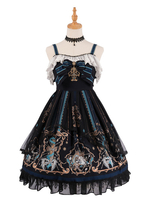 Gothic Lolita JSK Kleid God Redemption Print Lace Ruffle Schwarz Lolita Jumper Röcke
