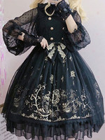 Gothic Lolita JSK Kleid Schwarz Dreamland Garden Lolita Jumper Röcke mit Kopfbedeckung Oversleeves