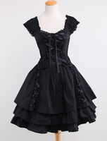 Gothic Lolita Kleid OP Schwarzer Rundhalsausschnitt Kurzarm Rüschen Tiered Lolita Einteiliges Kleid