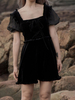 Gothic Lolita Kleid Schwarz Kurzarm Schnür Velours Kleid