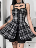 Gothic Lolita Kleid Träger Hals Ärmellos Kariertes Muster Schnüren Rüschen Spitze Kurzes Kleid