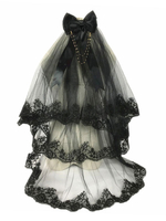 Gothic Lolita Kopfschmuck Tüll Layered Rüschen Spitze Bogen schwarz Lolita Haar Kamm