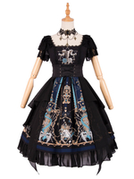 Gothic Lolita OP Kleid God Redemption Print Spitze Schwarz Kurzarm Lolita One Piece Kleider
