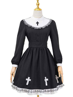 Gothic Lolita OP-Kleid-Schwarz-Kreuz Nonne mit langen Ärmeln Lolita One Piece Kleider Halloween