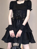 Gothic lolita op kleid schwarze kurze ärmel Rüschen schnüren sich up tummetten midi kleid