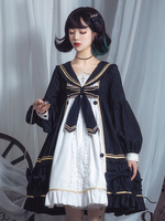Gothic Lolita OP Kleid Seemannskragen Marineblau Langarm Schleifen Rüschen Lolita Einteiliges Kleid