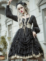 Gothic Lolita OP Kleid Sieben Todsünden Gier Schwarz Kaskadierende Rüschen Bowknots Neverland Blumendruck Dark Lolita One Piece Kleider