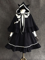 Gothic Lolita Poncho Little Devil Spitzenbesatz Ohr Kapuze Baumwolle Schwarz Lolita Cape