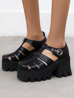 Gothic Lolita Schuhe Black Round Toe Chunky Heel PU-Leder Lolita Pumps