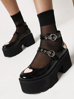 Gothic Lolita Schuhe Black Round Toe Chunky Heel PU-Leder Lolita Schuhe