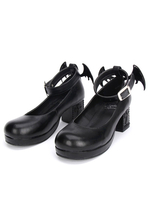 Gothic Lolita Schuhe Schwarz Kreuz Mary Jane Ankle Strap Gothic Lolita Schuhe Kitten Heels Pumps mit bösen Flügel