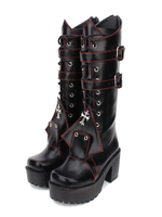 Gothic Lolita Stiefel Grommet Kreuz Schnürung Schnalle Plattform Chunky High Heel Schwarz Lolita Schuhe