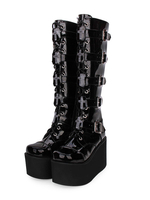 Gothic Lolita Stiefel Metallic Schnalle Reißverschluss Tülle Schnürplattform Schwarz Lolita Schuhe