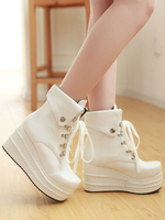 Gothic Lolita Stiefel Wedge White Schnürung Runde Zehen Leder Lolita Schuhe