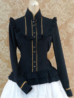 Gothic LolitaBluse Isabella Song Stehkragen Rüschen langen Ärmeln In dunkelblau