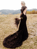 Gothic Schwarze Brautkleider Polyester Meerjungfrau Lange Ärmel Spitze Mit Schleppe