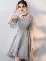 Graue Ballkleider Kurze Spitze Rückenfreies Cocktailkleid Kurzarm Niedliches Abschlusskleid