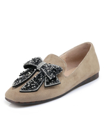 Graue Frauen Loafers Wildleder Runde Toe Strass Bow Slip On Schuhe Khaki flache Schuhe
