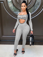 Graue Jumpsuits für Damen Buchstaben mit langen Ärmeln und Kapuze Ausschnitt Baumwollmischung Tapered Fit Casual Jumpsuits