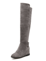 Graue Kniehohe Stiefel Damen Reitstiefel Wildleder Runde Kappe Schnalle Detail Keil Stiefel