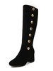 Graue Kniehohe Stiefel Wildleder Runde Kappe Knöpfe Detail Chunky Heel Stiefel