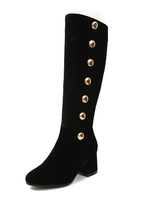 Graue Kniehohe Stiefel Wildleder Runde Kappe Knöpfe Detail Chunky Heel Stiefel