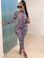 Graue Maxikleider für Damen Lange Ärmel Bedrucktes Kleid mit hohem Kragen Bodycon Polyester bodenlanges Kleid