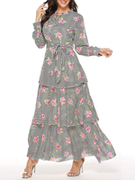 Graue Maxikleider Frauen verzierter Kragen Langarmstreifen Streifen Tiered Long Dress