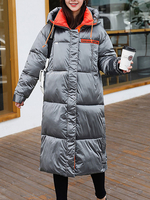 Graue Puffermäntel für Frauen Kapuzen-Taschen Reißverschluss Langarm-Farbblock Winteroberbekleidung