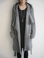Graue Pullover Strickjacken Frauen Kapuze Langarm Langarm Schnürer Mantel