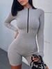Grauer Juwelenhals mit langen Ärmeln Reißverschluss Baumwollmischung Skinny Summer Playsuit