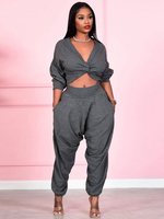 Grauer Overall V-Ausschnitt Lange Ärmel Offene Schulter Trägerlos Polyester Harem Sommer Einteiler Outfit